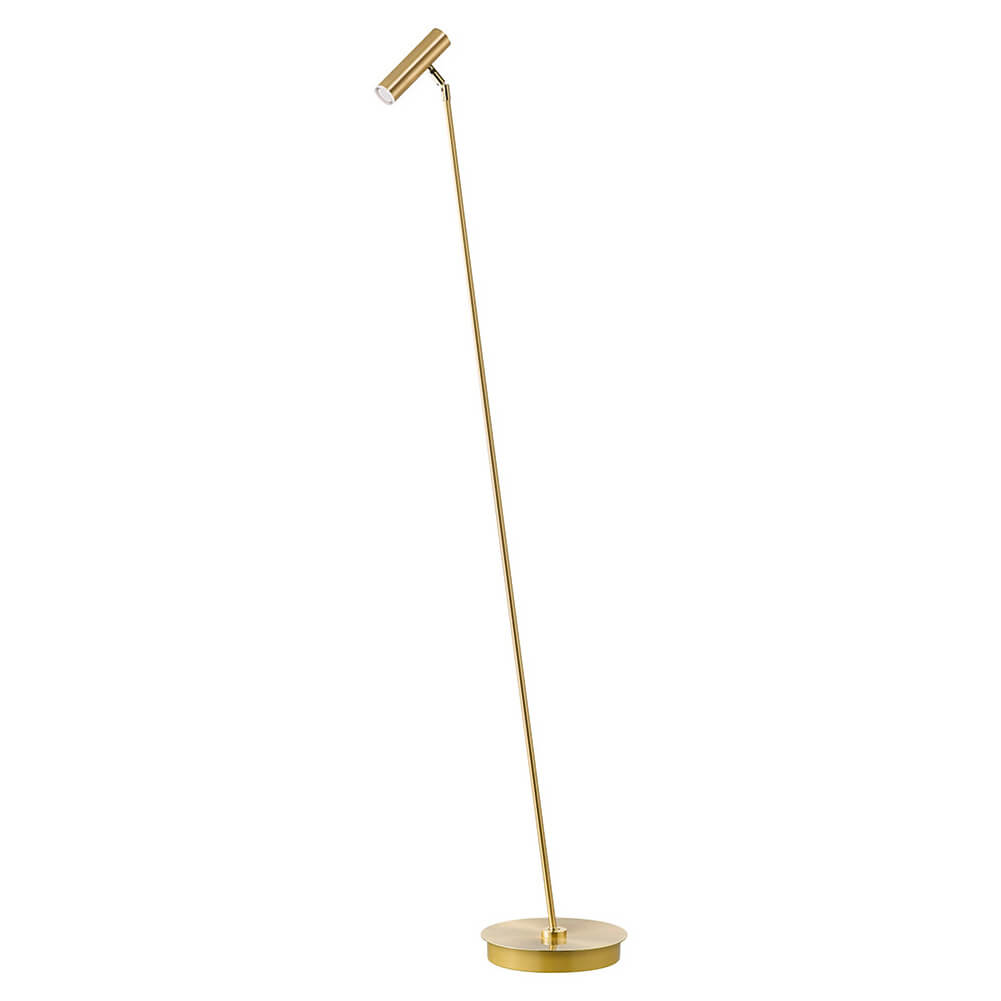 Lampadaire laiton brossé, tête cylindrique inclinée et fine tige sur socle rond
