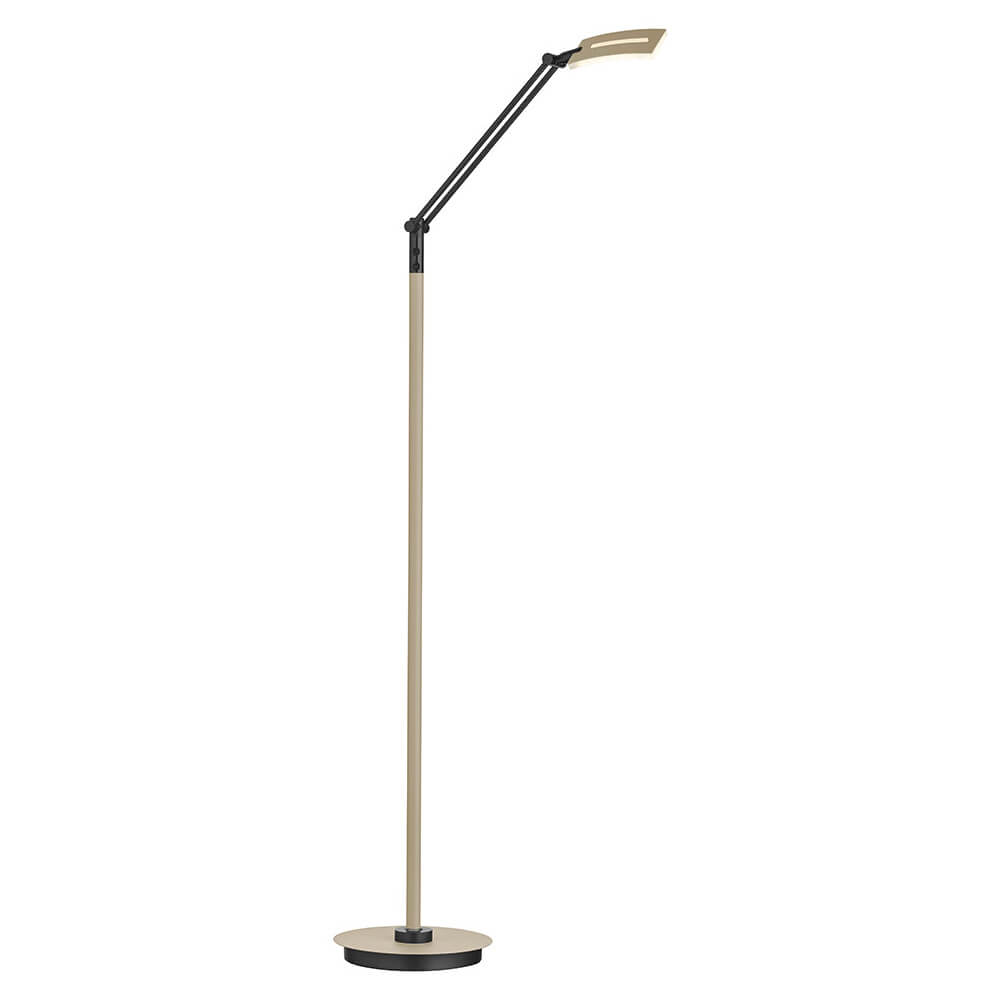 Lampadaire entier de face avec long pied taupe et bras noir articulé.