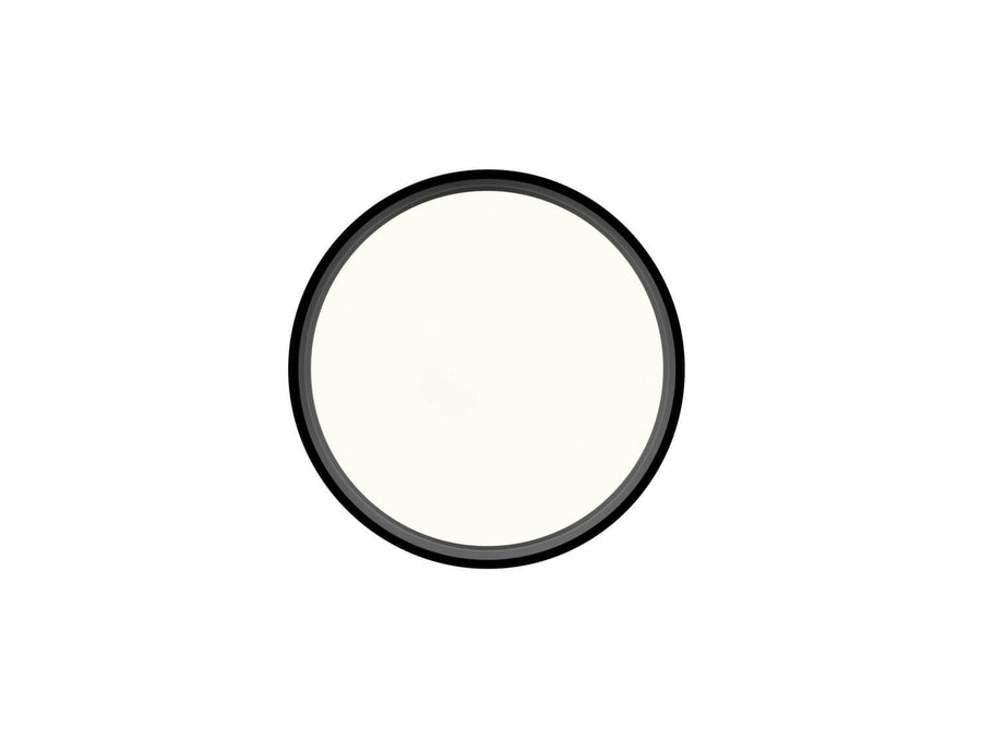Vue de face du plafonnier circulaire, bordure noire et verre opalin uniforme