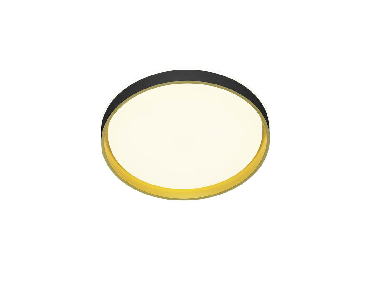 Vue en perspective du plafonnier rond noir et doré avec diffuseur blanc.