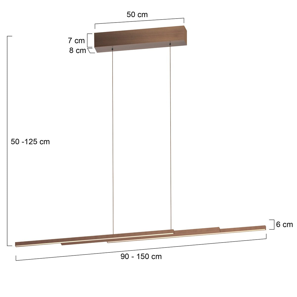 Schéma technique du luminaire avec cotes en centimètres et réglage de hauteur.