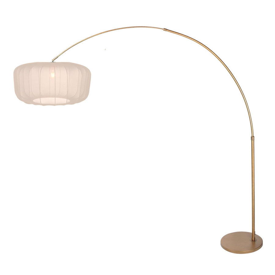 Lampadaire arc bronze, abat-jour plissé blanc Ø 60 cm | Sélva