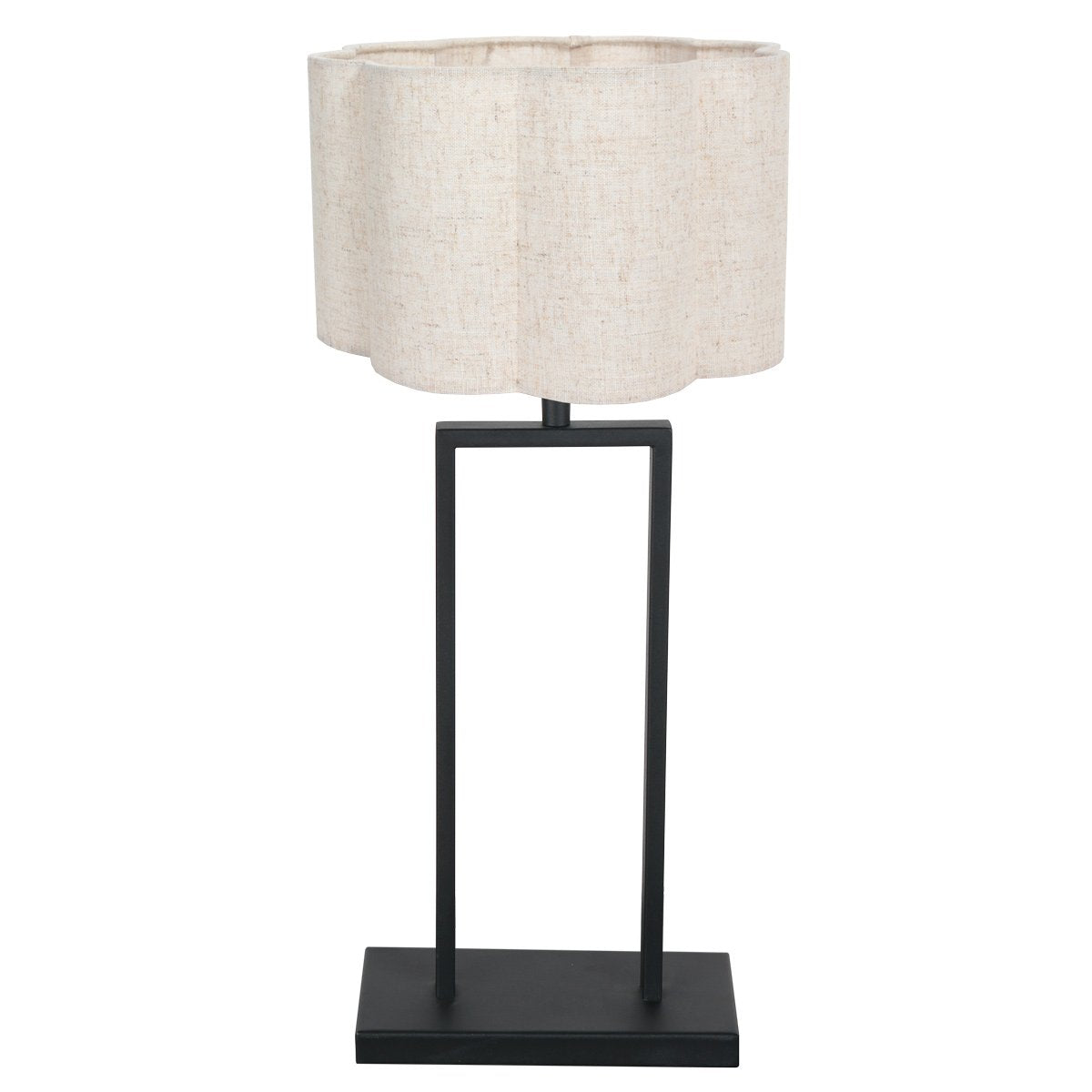 Lampe à poser de face, abat-jour crème ondulé sur pied métal noir rectangulaire