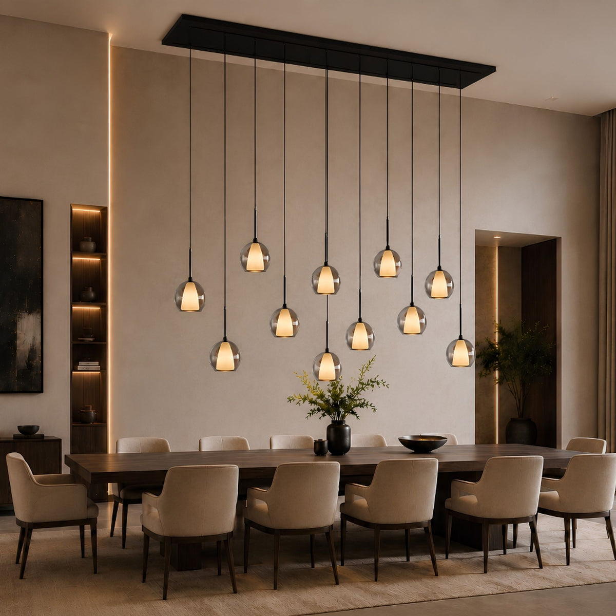 Suspension de table Belluna 12 lumières sur 3 rangées, longueur 200 cm