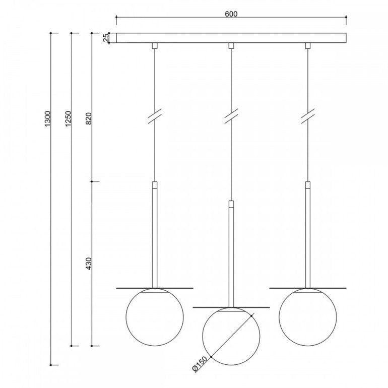 Schéma technique coté de la suspension, avec hauteur et diamètre des globes.
