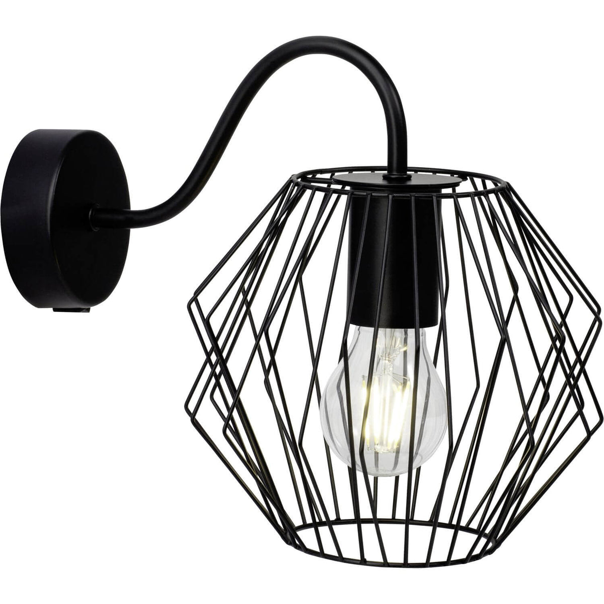 Applique murale noire avec bras courbé et cage métallique autour d'une ampoule.