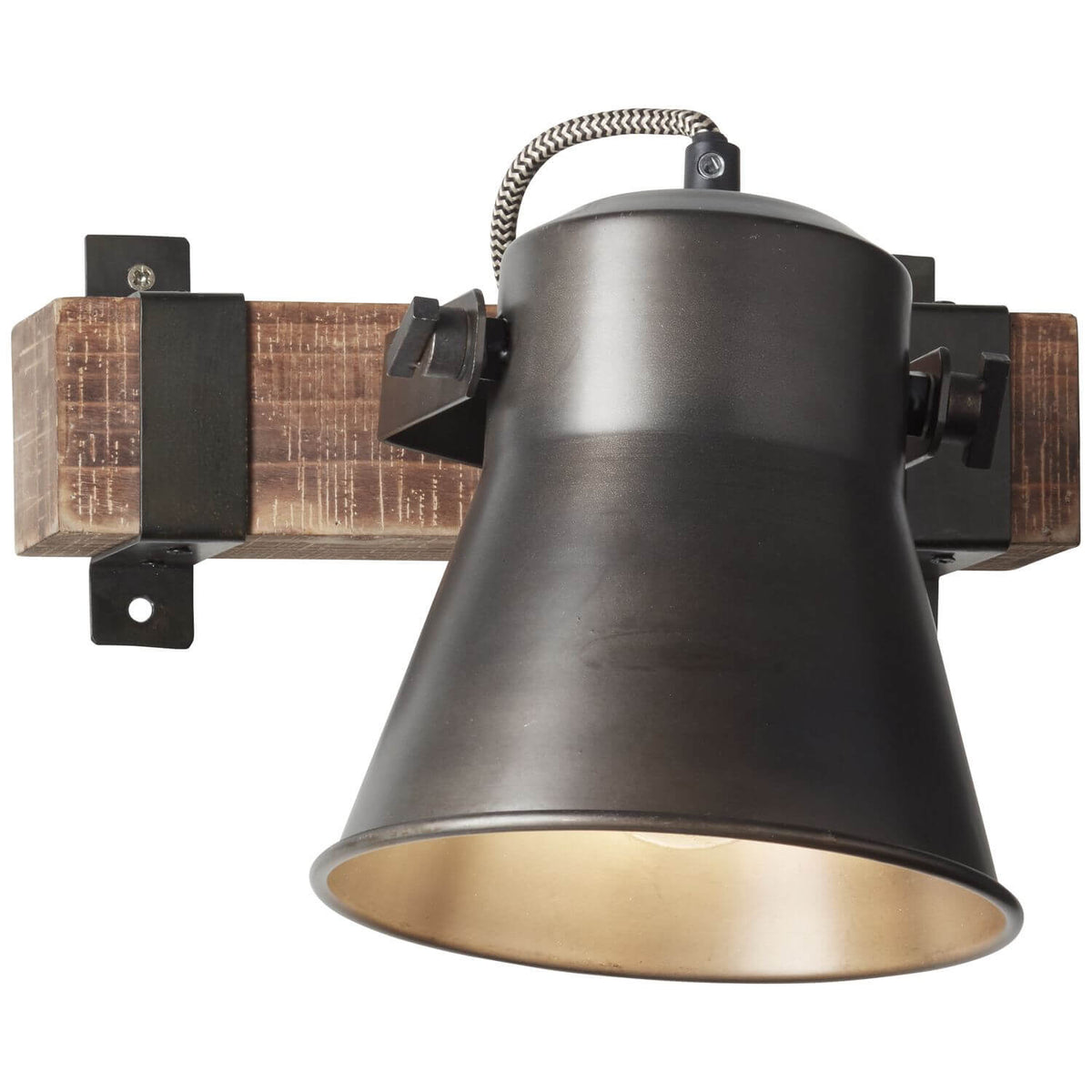 Autre vue du luminaire mural sous angle différent, avec abat-jour et bois
