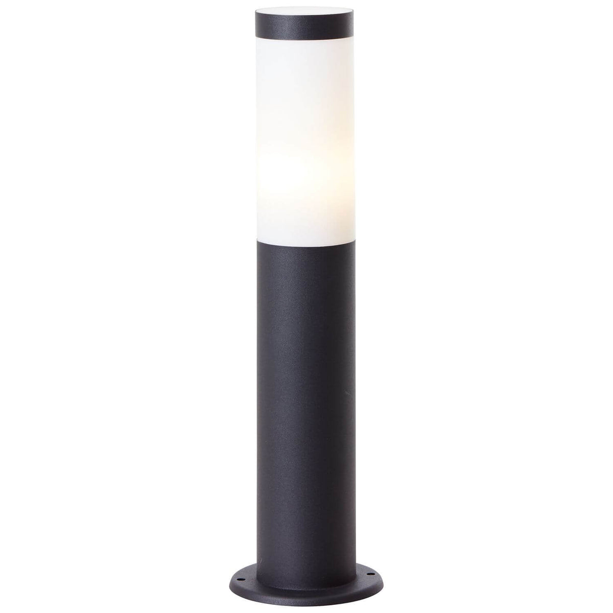 Borne lumineuse extérieure cylindrique noire et blanche, vue de face sur fond blanc