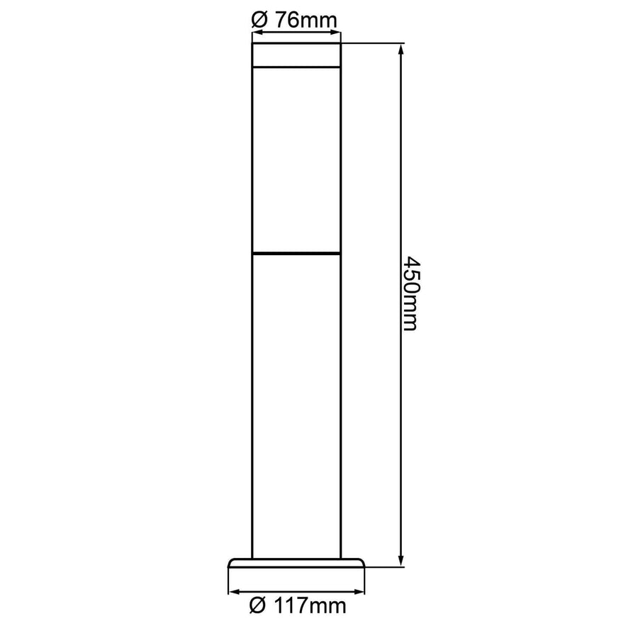 Schéma technique coté de la borne, hauteur 450 mm et diamètres 76 et 117 mm