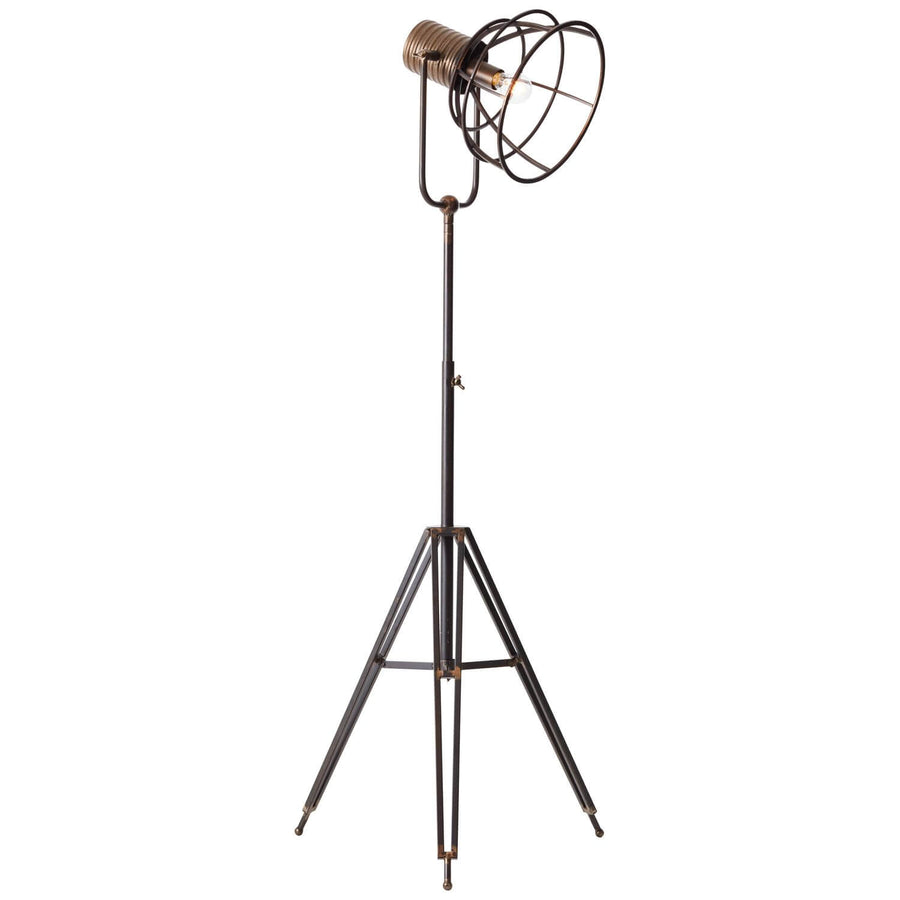 Lampadaire entier sur fond blanc, tête cage orientable et base trépied métal