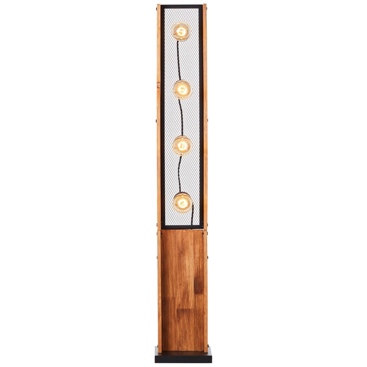 Vue de face du lampadaire rectangulaire en bois avec quatre ampoules allumées derrière une grille noire.