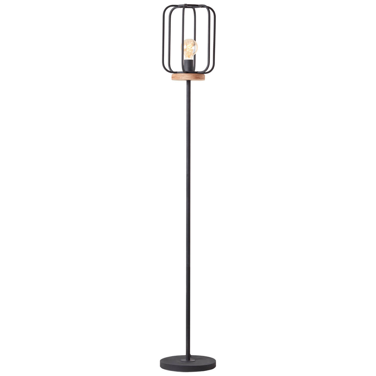 Lampadaire noir à cage métallique et socle bois, vue de face sur fond blanc