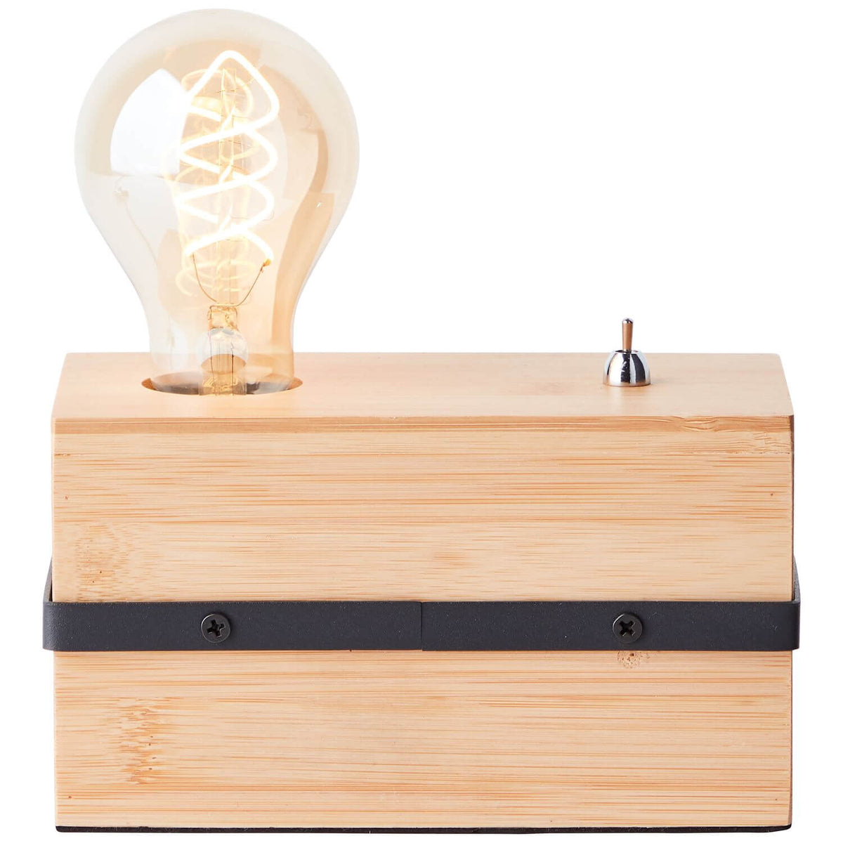 Lampe à poser en bambou avec ampoule Edison allumée et interrupteur sur le dessus.