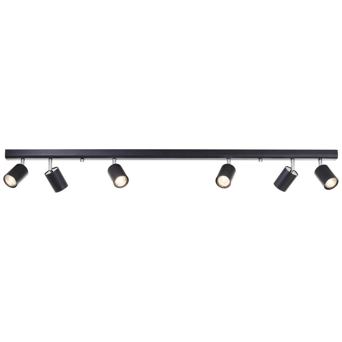 Plafonnier noir vu de face, rail droit et six spots cylindriques orientables