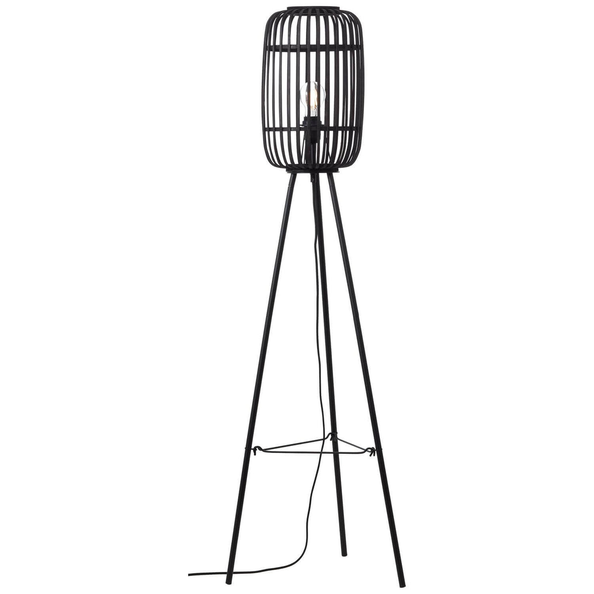 Lampadaire tripode noir à abat-jour cage cylindrique, vue de face sur fond blanc.