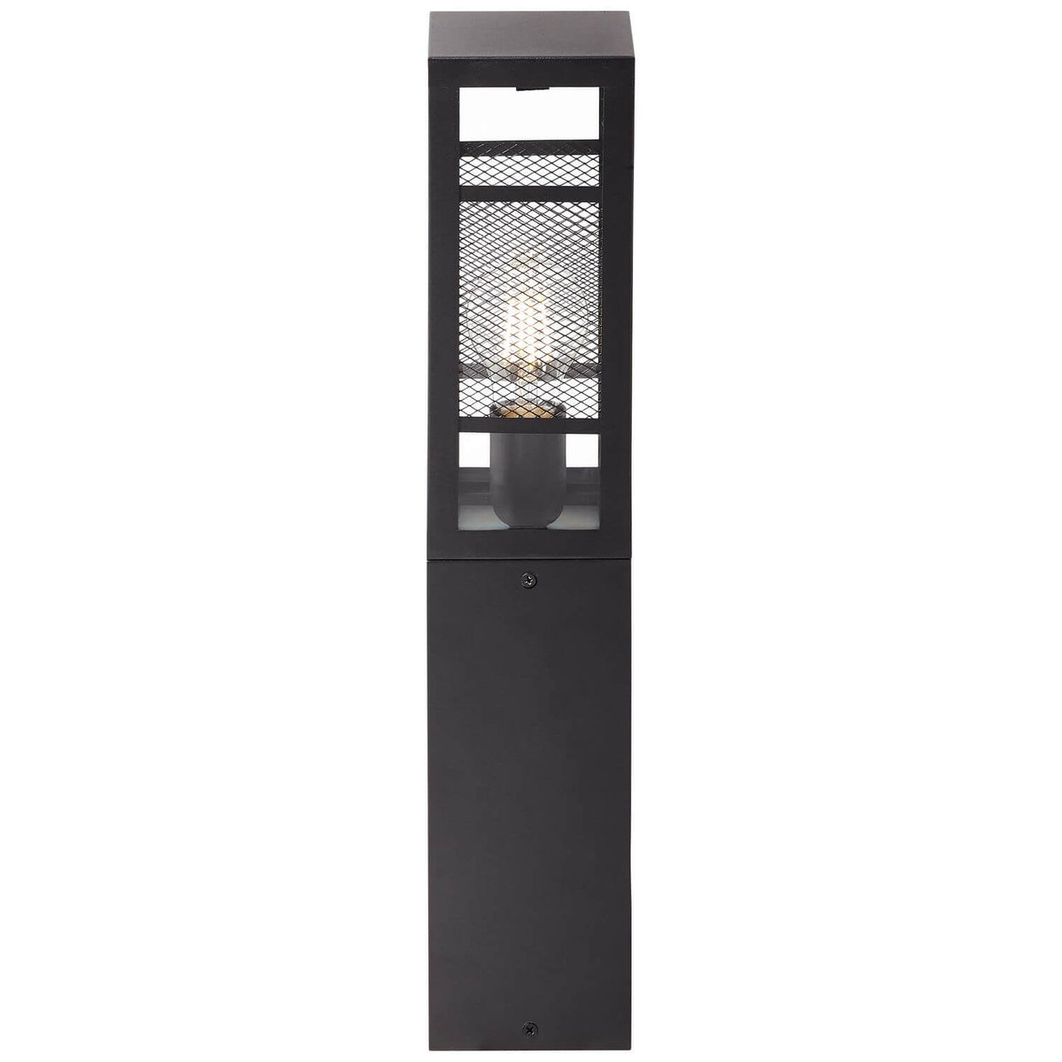 Vue de face du luminaire noir sur fond blanc, avec grille et ampoule visible.