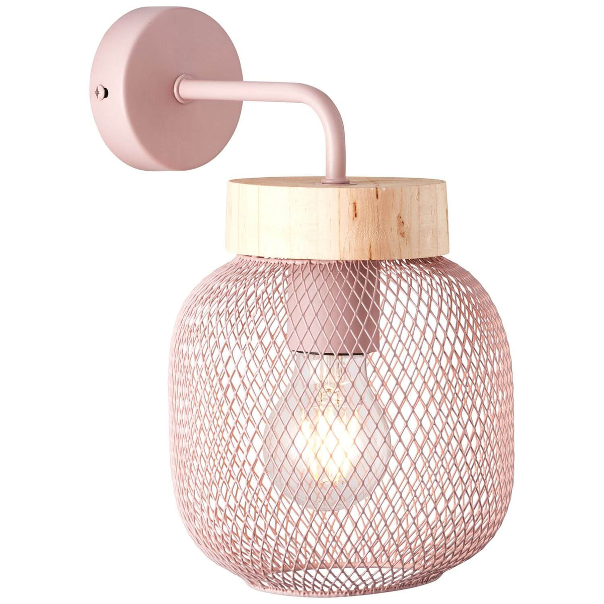 Applique murale rose de face sur fond blanc, abat-jour grillagé et support en bois clair.