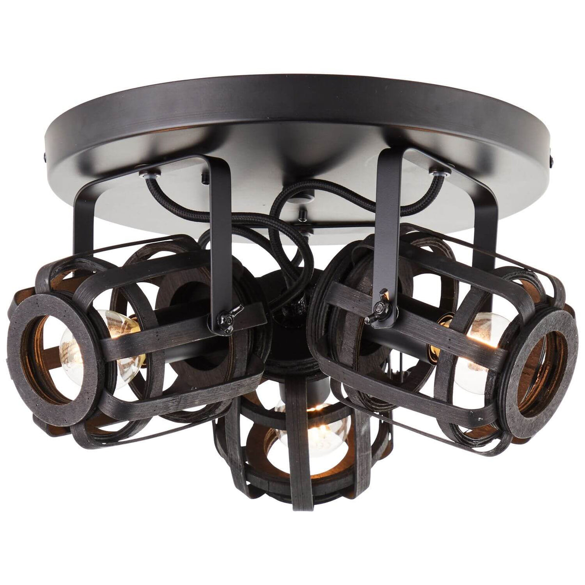 Plafonnier trois lumières vu de face, cages cylindriques en bambou noir et métal
