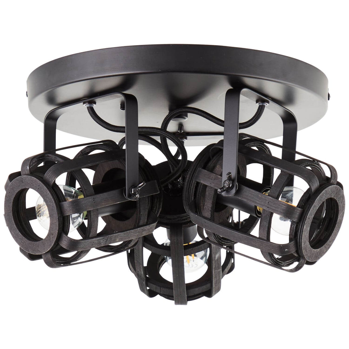 Vue de trois quarts montrant la platine ronde noire et les trois cages suspendues