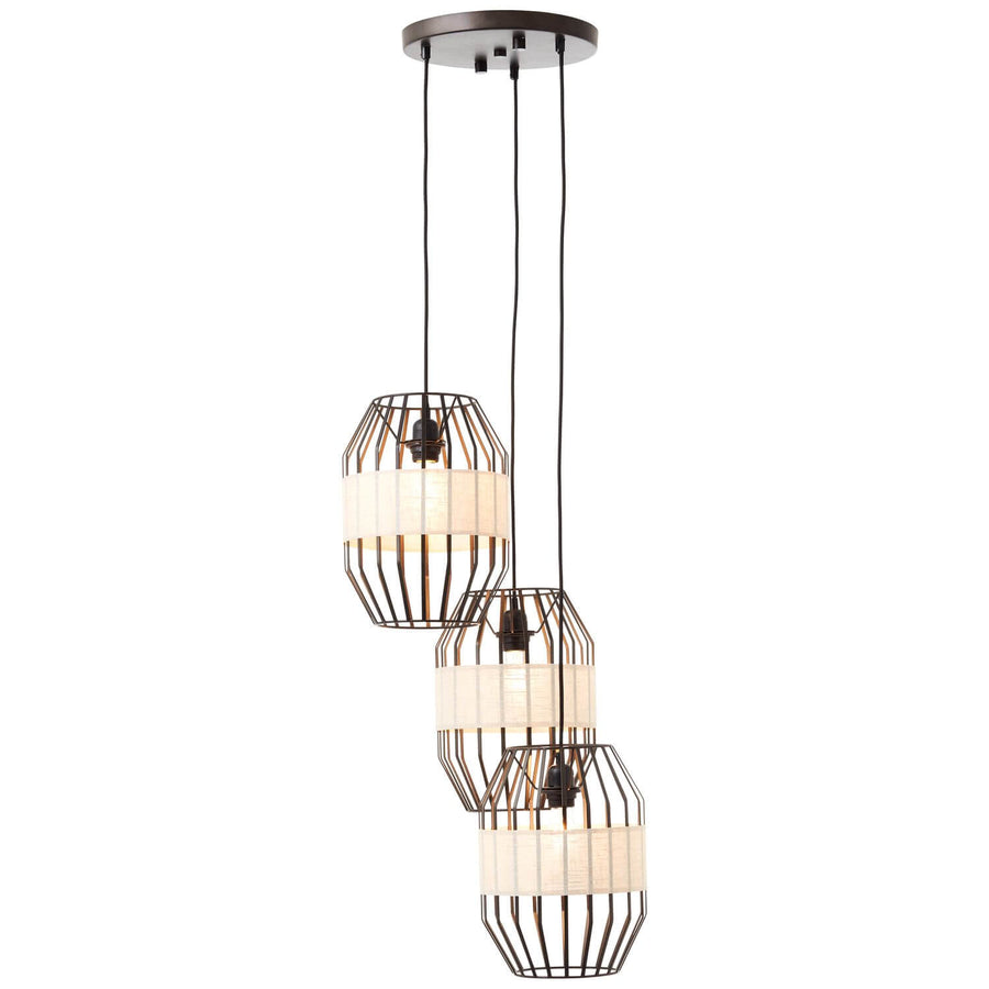 Suspension trois lumières vue de face, cages métalliques noires et bandeau en tissu