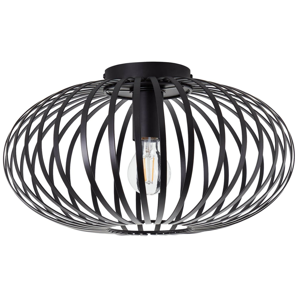 Seconde vue produit du plafonnier noir, structure métallique cintrée et ampoule Edison