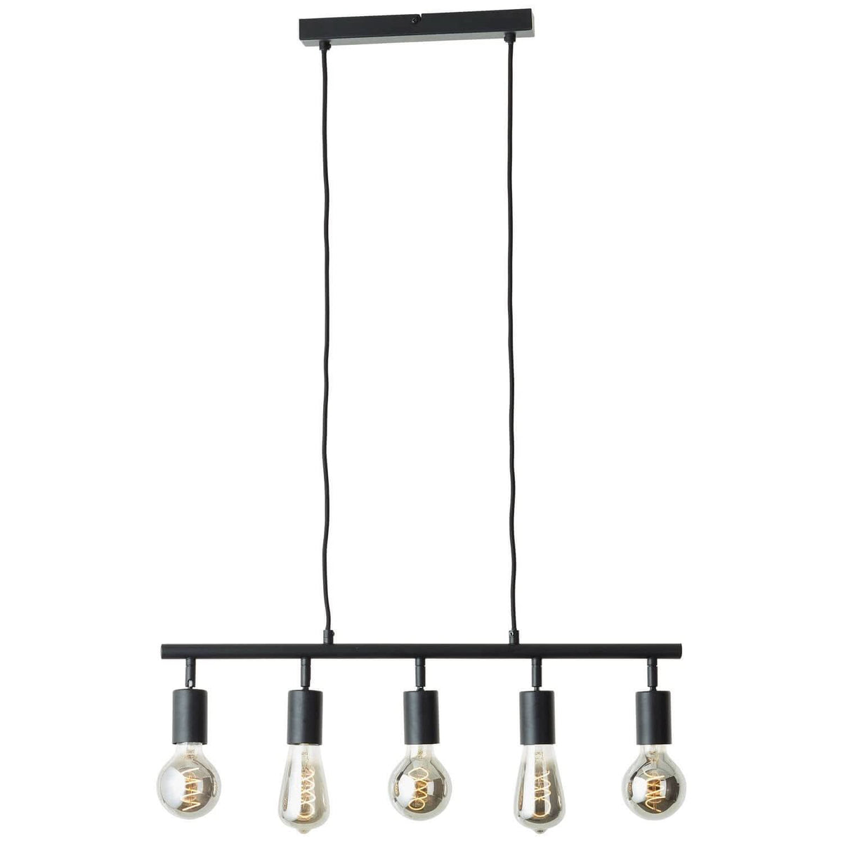 Vue de face de la suspension noire mate avec cinq ampoules à filament apparent.