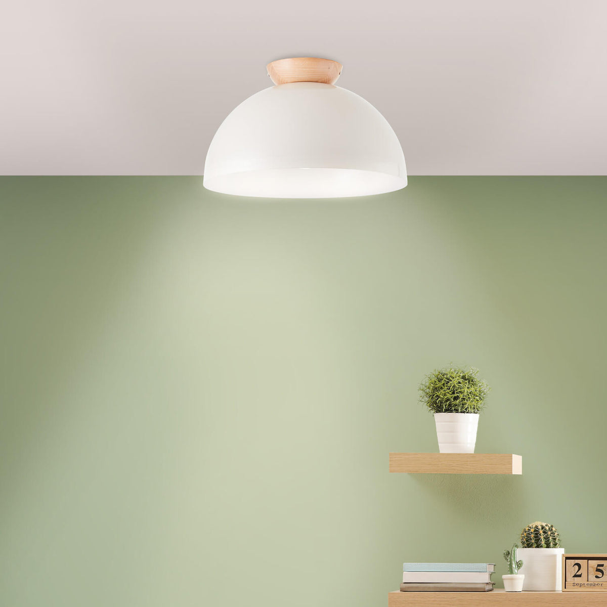 Mise en ambiance du luminaire allumé au plafond devant un mur vert sauge