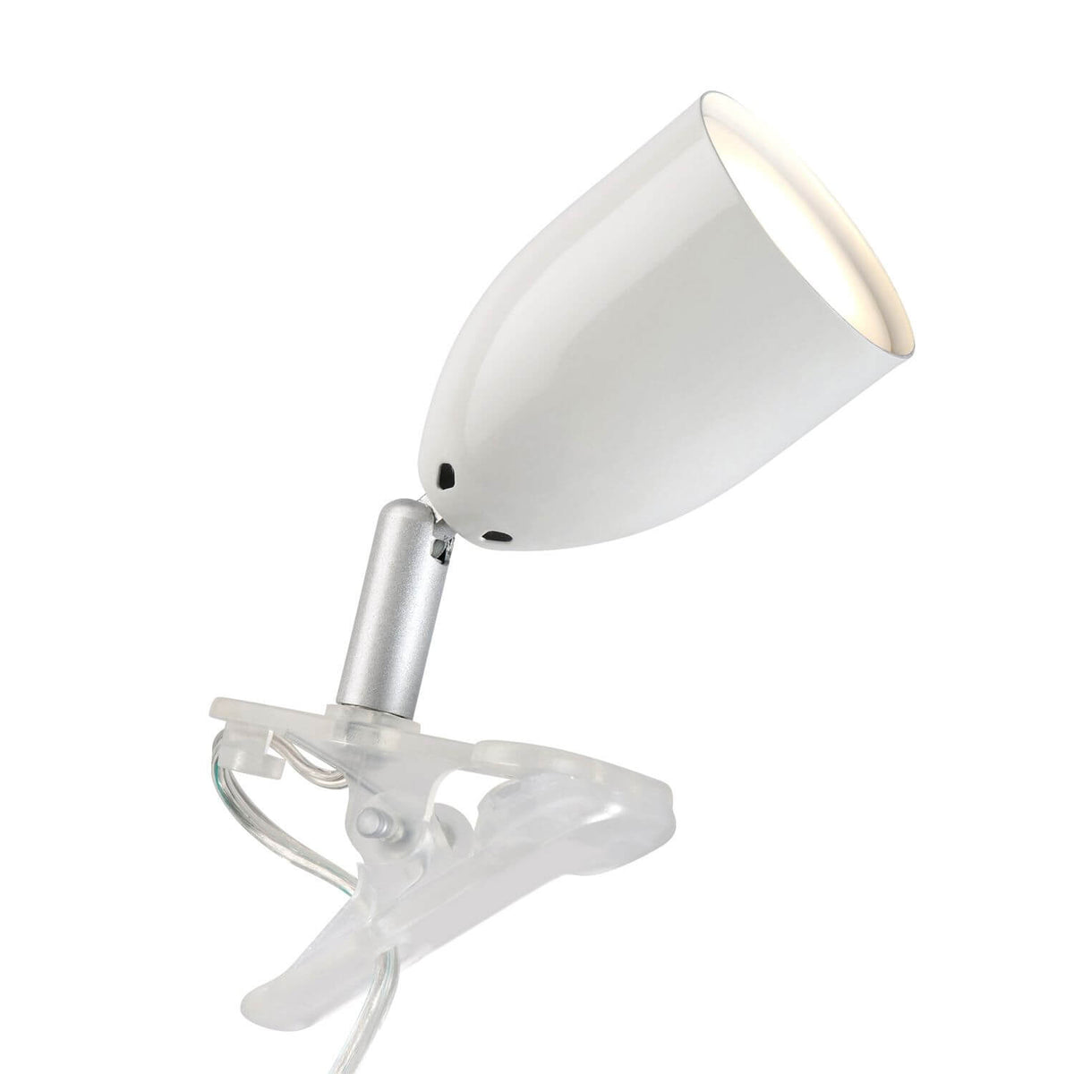 Lampe de bureau blanche à pince, réflecteur conique orientable sur fond blanc