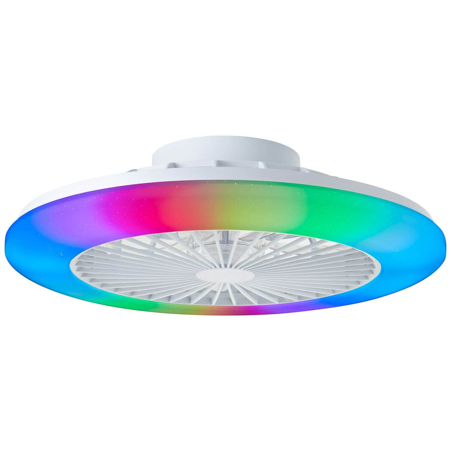 Ventilateur de plafond blanc vu de face, anneau lumineux multicolore allumé