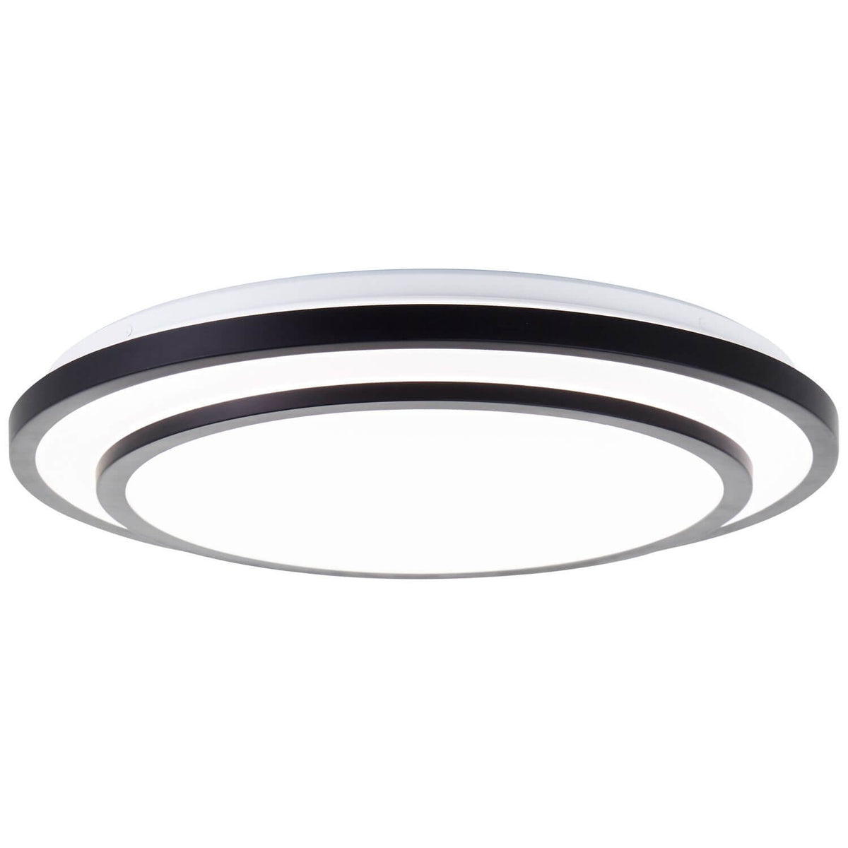 Produit seul sur fond blanc, vue de trois quarts du plafonnier rond noir et blanc.