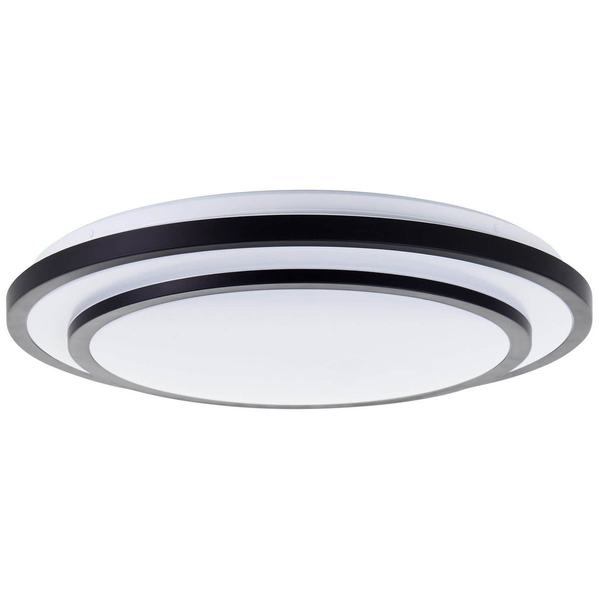 Vue de dessous du luminaire rond révélant ses anneaux noirs et diffuseur blanc.