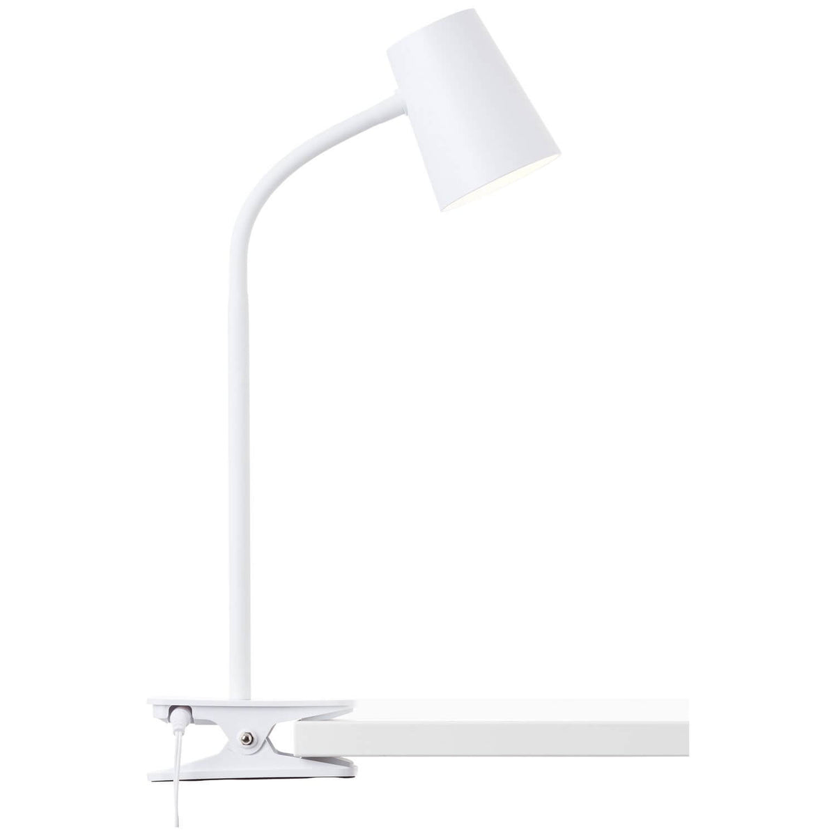 Vue de profil du luminaire blanc à pince, bras souple et abat-jour cylindrique incliné