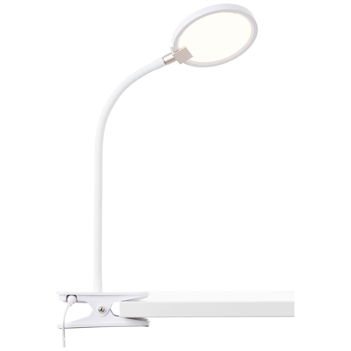 Lampe allumée vue de face, diffuseur rond LED éclairant vers le bas