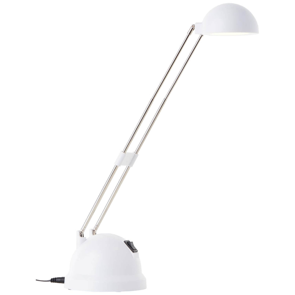 Lampe blanche de profil sur fond neutre avec double bras métallique et cordon.