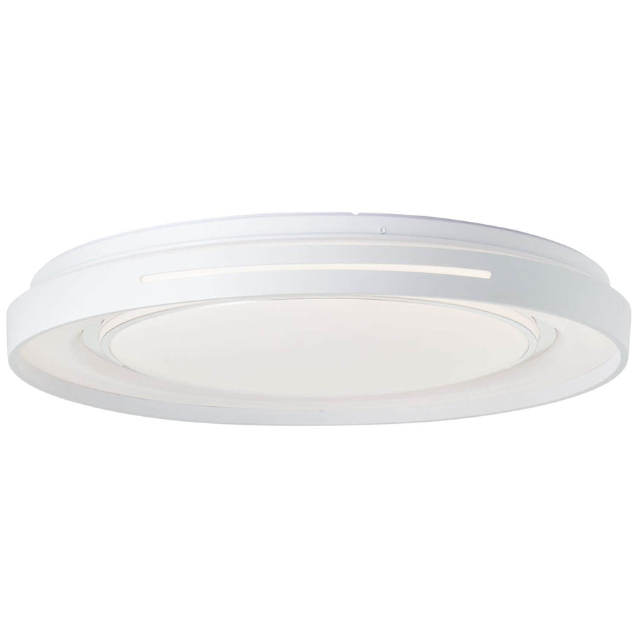 Plafonnier rond blanc et chromé vu de trois quarts sur fond blanc