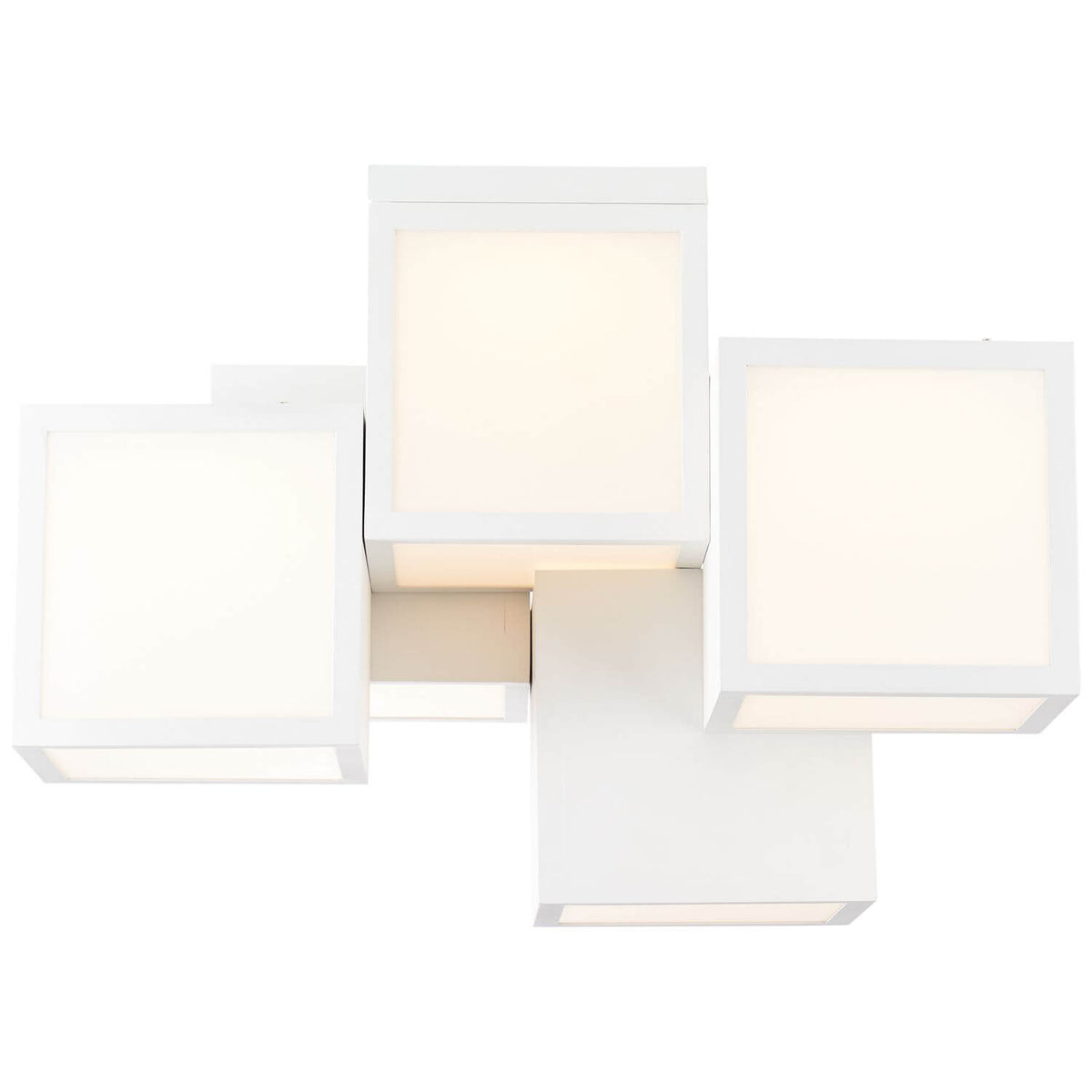 Vue de dessous du plafonnier allumé, montrant quatre modules carrés lumineux