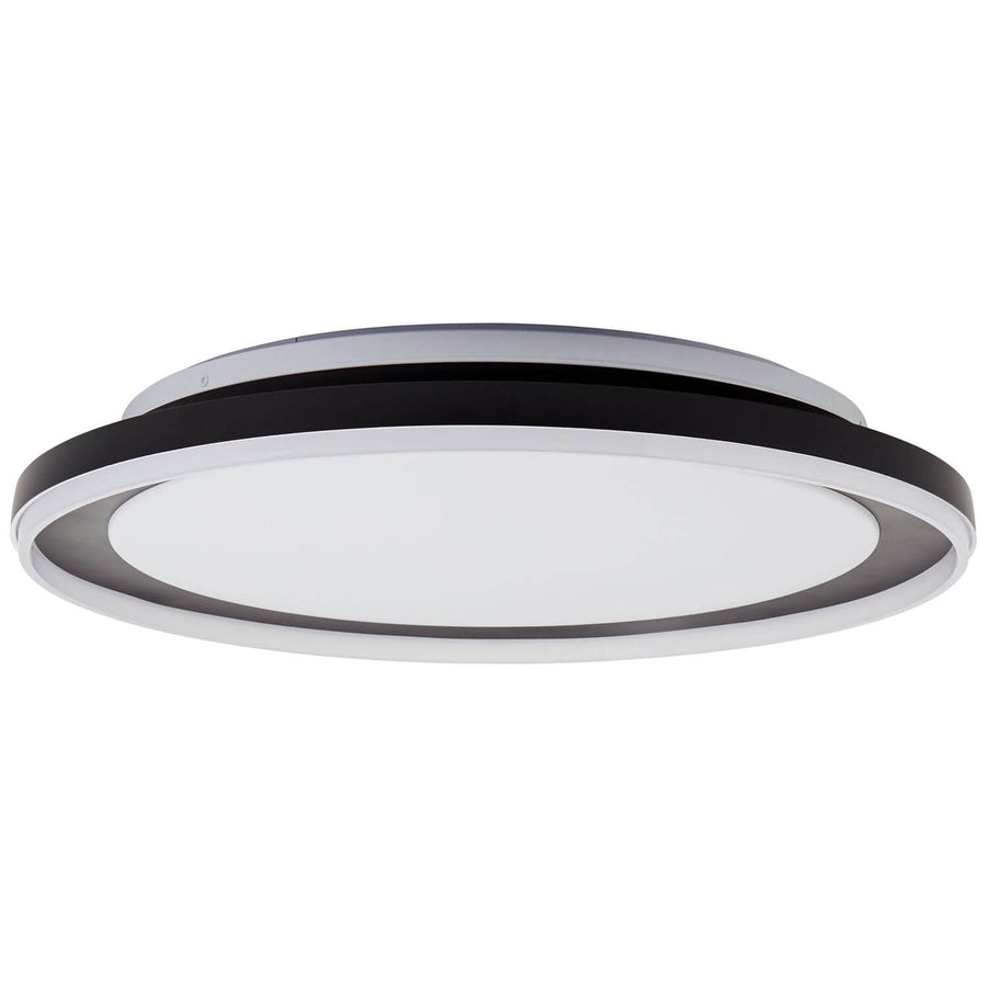 Vue de face du plafonnier éteint, cerclage noir et diffuseur blanc opaque