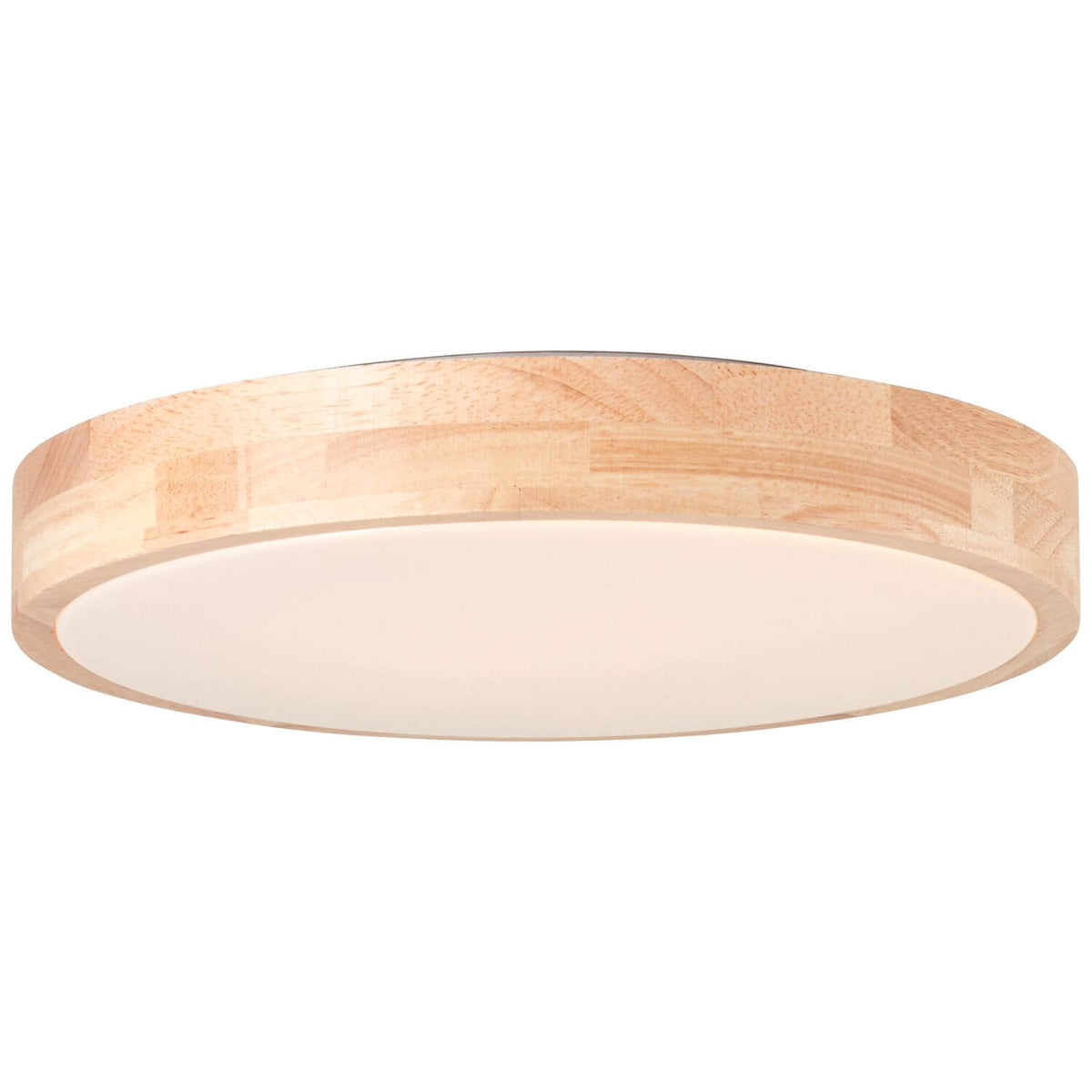 Plafonnier rond en bois clair vu de face, diffuseur blanc laiteux au centre