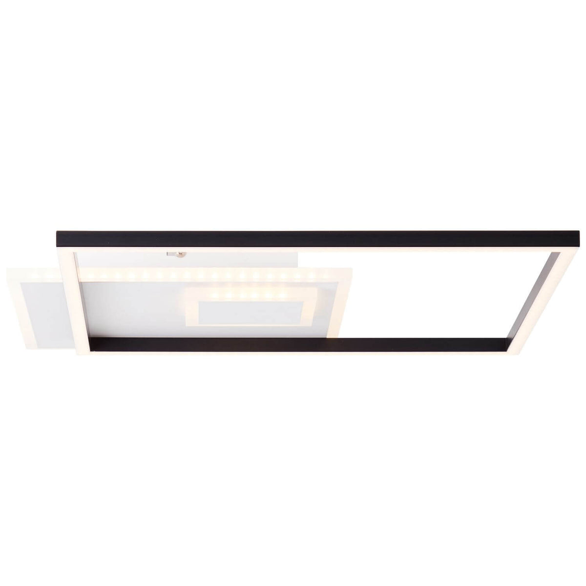 Vue de dessous du plafonnier rectangulaire allumé, cadre noir et blanc sur fond neutre.