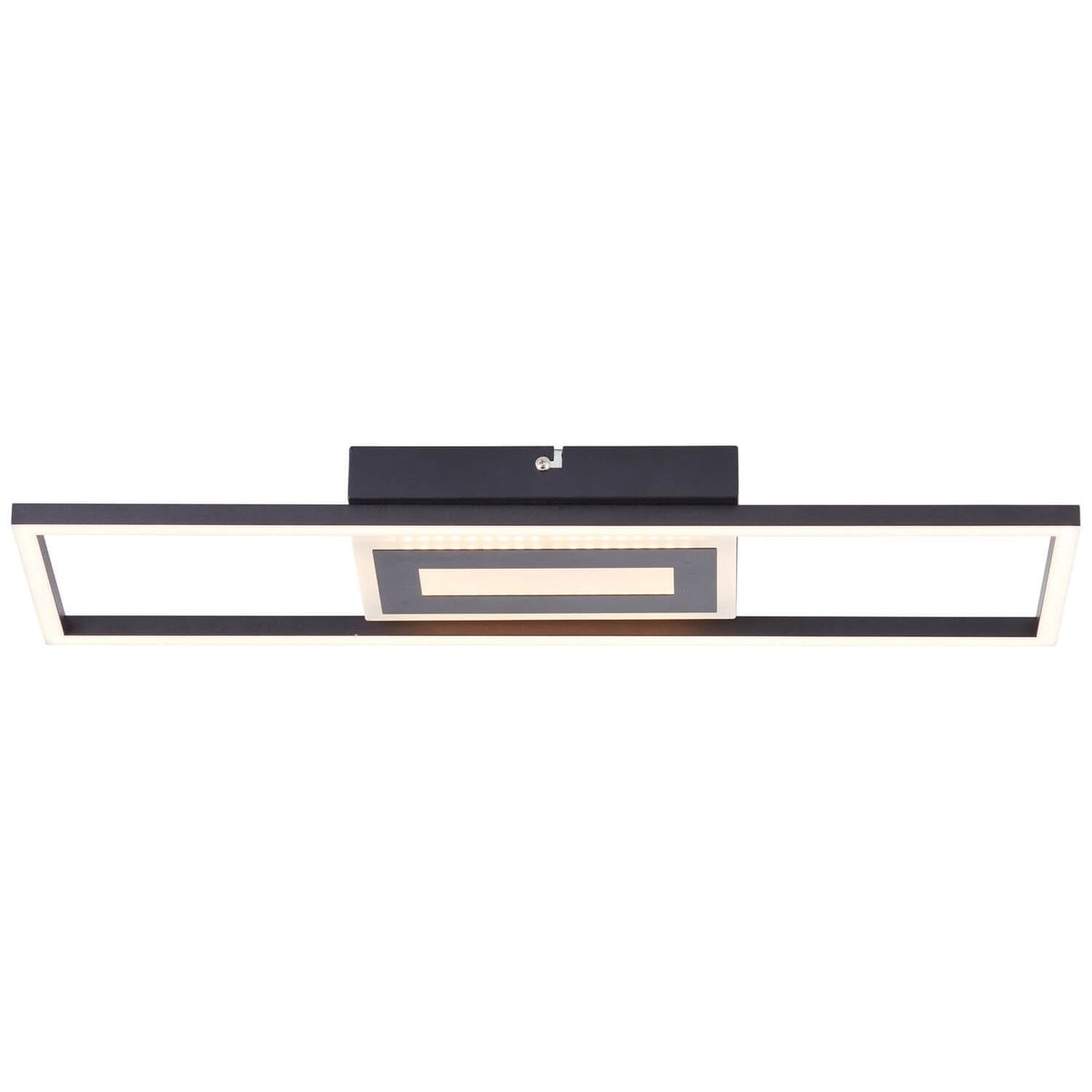 Plafonnier allumé de face, lumière LED chaude diffusée par le cadre et le centre.