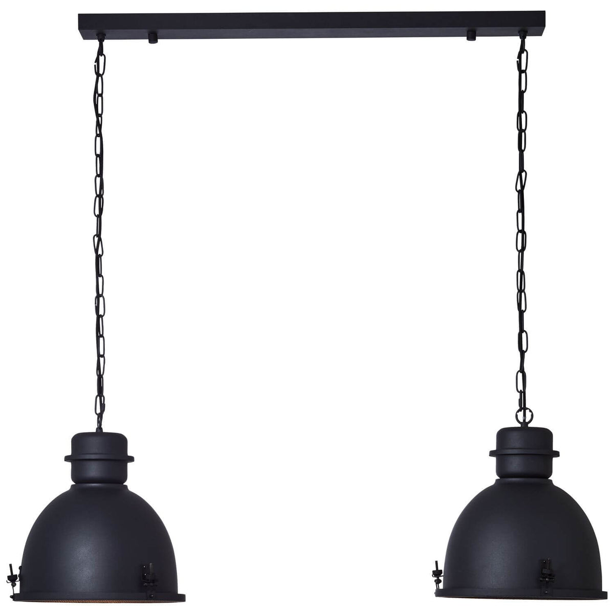 Vue de face de la suspension noire à deux lumières et chaînes apparentes