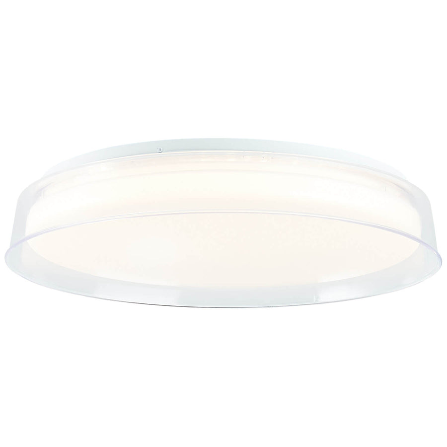 Vue de face du plafonnier rond, bord transparent et diffuseur blanc.