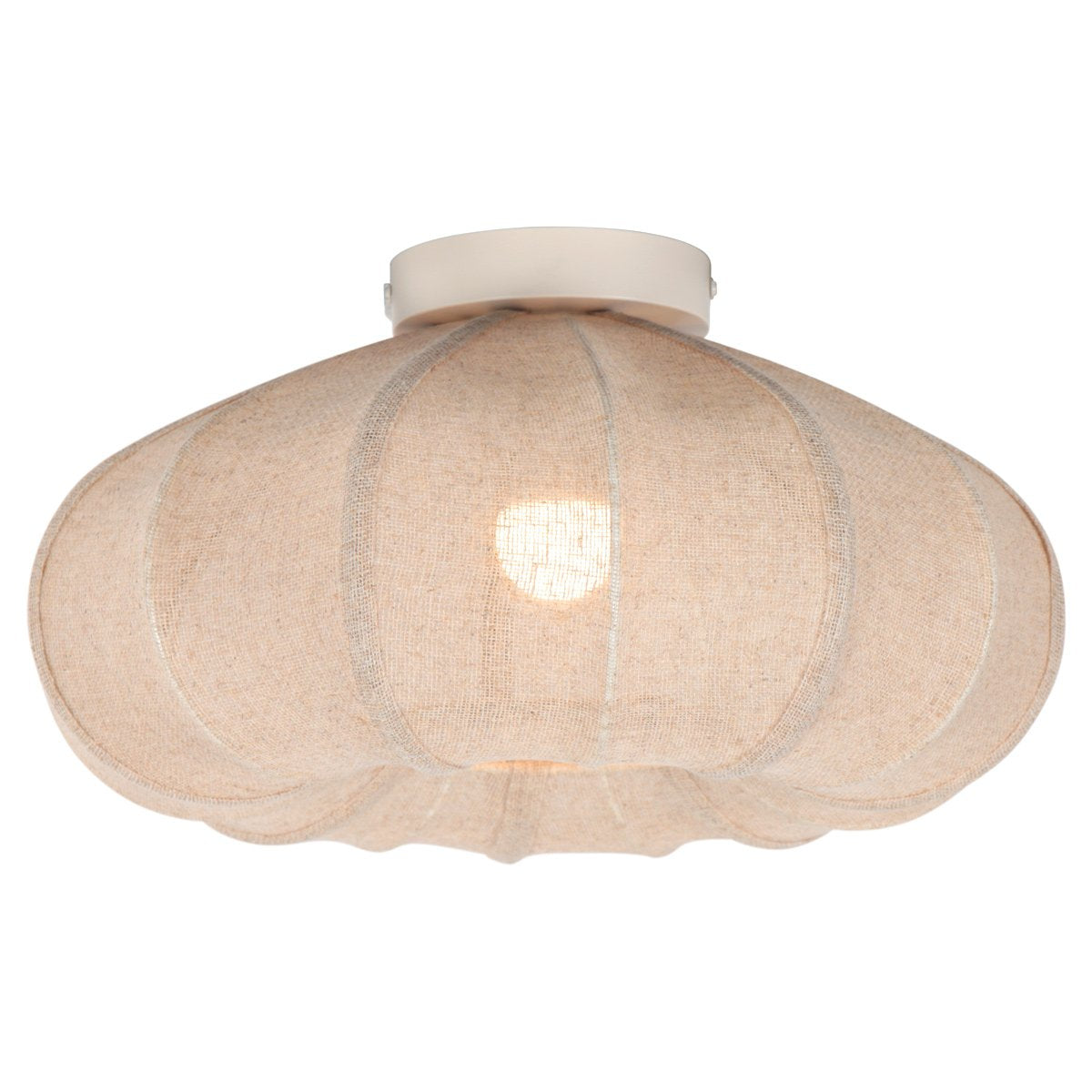Plafonnier crème de face, abat-jour en tissu godronné et diffuseur lumineux central.