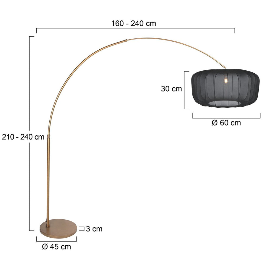 Lampadaire arc doré, abat-jour voile noir Ø 60 cm pour salon | Arvik