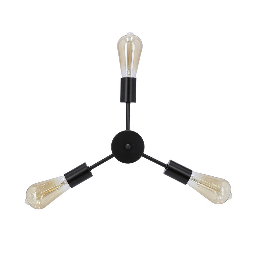 Vue rapprochée des trois bras noirs et des ampoules à filament visibles.