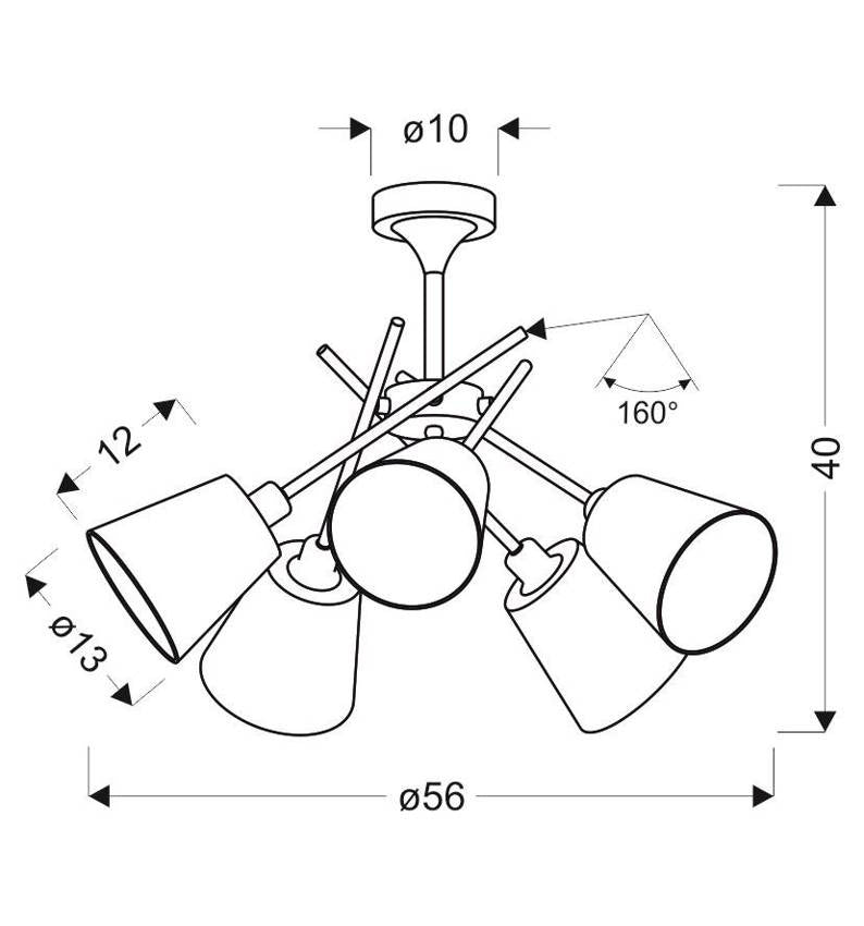 Schéma coté du luminaire avec diamètre total, hauteur et angle des bras