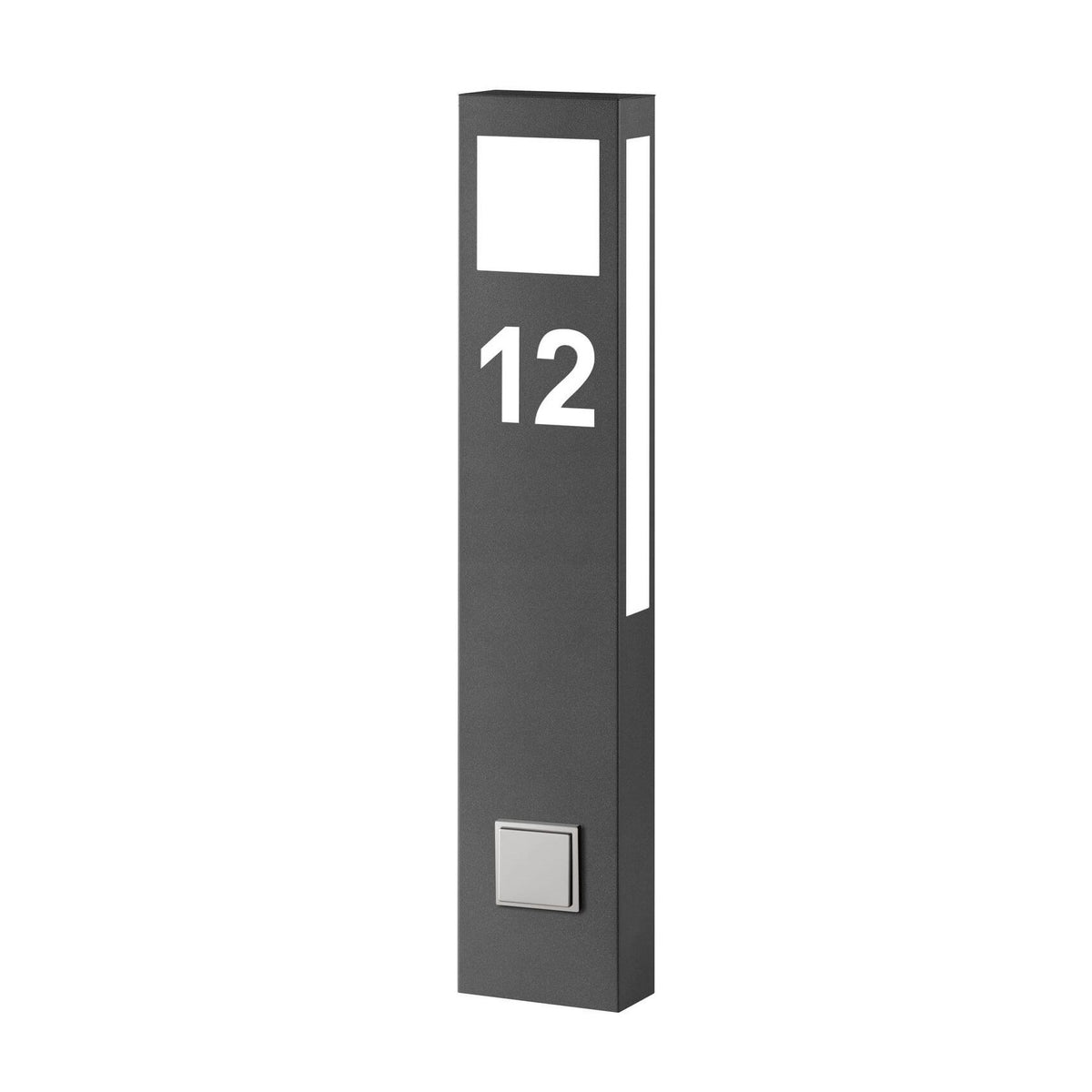 Luminaire extérieur anthracite vertical avec numéro 12 et interrupteur intégré en bas.