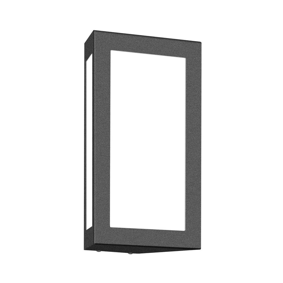Applique murale extérieure rectangulaire anthracite, vue de trois quarts avant sur fond blanc