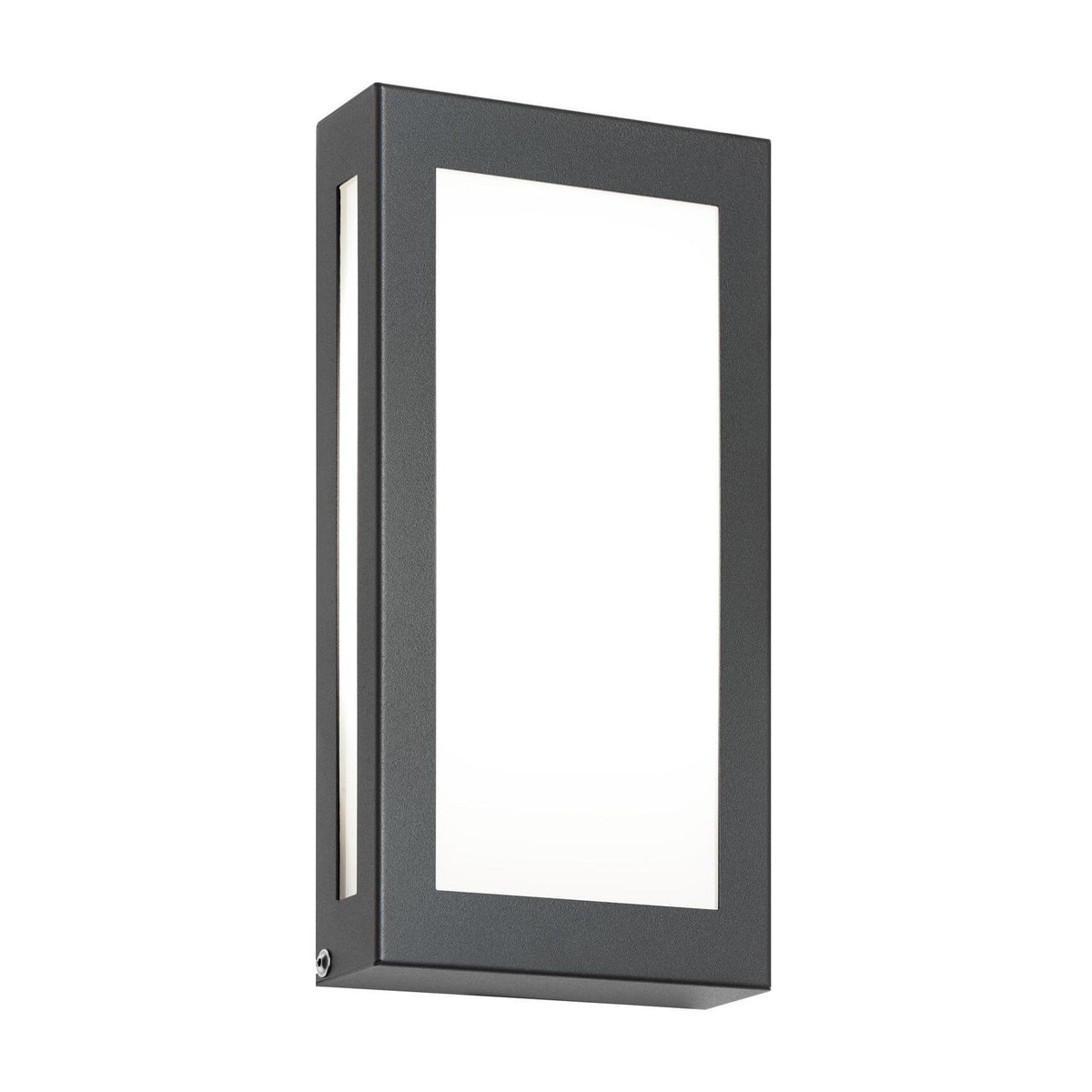 Applique murale extérieure anthracite vue de trois quarts, cadre rectangulaire et diffuseur blanc