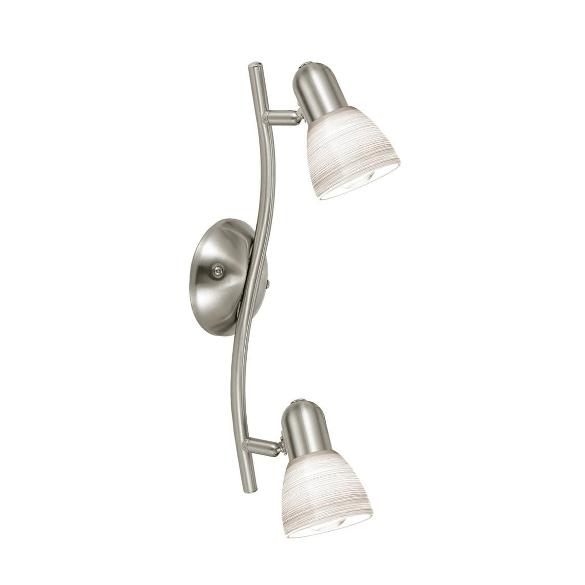 Plafonnier deux spots orientables en nickel satiné avec diffuseurs en verre strié blanc